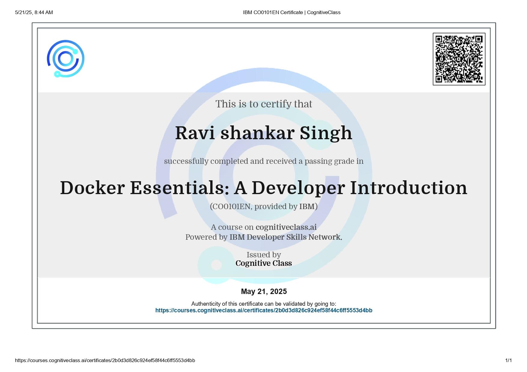 IBM CO0101EN Certificate - CognitiveClass Docker